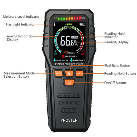 Pinless Wood Moisture Meter Non Destructive Tester For Wood Wallboard And Masonry with backlit color LCD and buttons