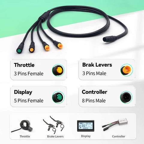 Electric Bike Waterproof 8 Pin 1T4 1T5 Cable Controller Kit With Light E Brake Throttle Display And Conversion Cable For E Bike Upgrades And DIY Projects