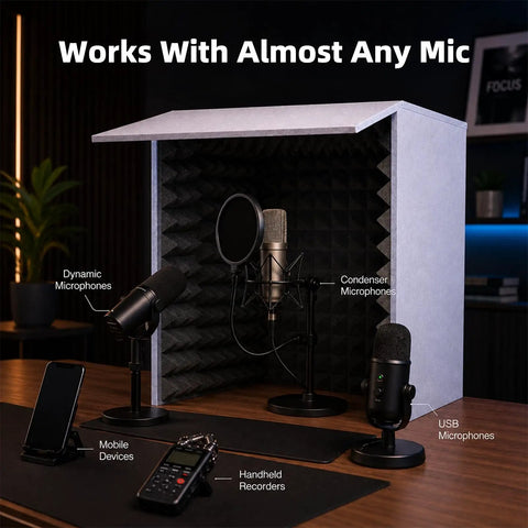 Portable Soundproof Box For Singer And Streamer Ditch Room Static Fast Setup Foldable Acoustic Vocal Booth Blocks Ambient Noise For Killer Home Studio Sessions with microphones on desk.
