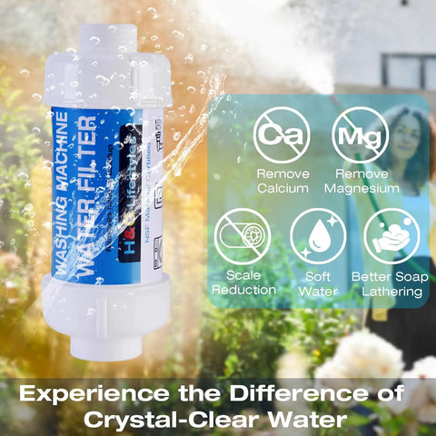 Inline Anti Scale Water Filter For Washing Machine And Home Water System, product image with features, outdoors background