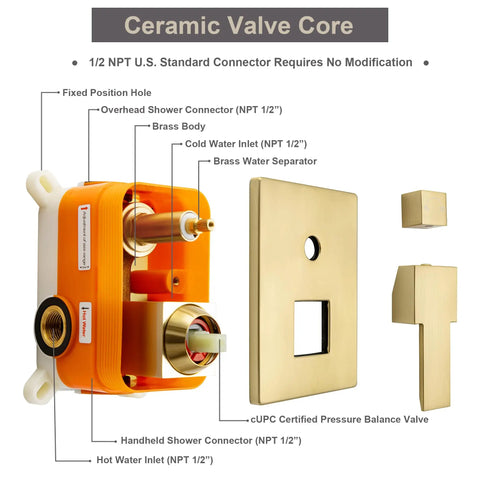 Components of the Boss Brushed Gold Shower Faucet Set With Ceiling Mount 8 Inch Rainfall Head System, showing valve and connectors