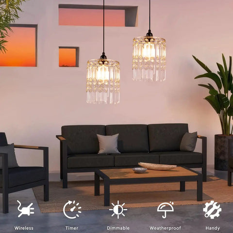 Battery Operated Chandelier With Acrylic Crystal Beads Waterproof Hanging Pendant Lights Dimmable Timer For Patio Decor Two Pack above modern sofa.
