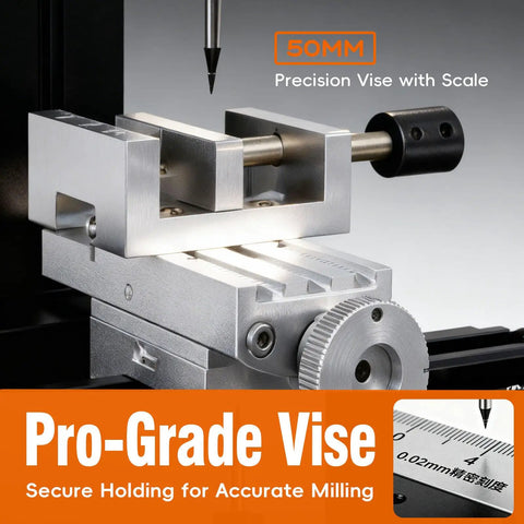 Close-up of a 50mm precision vise with scale for All Metal Mini Milling Machine Pro Grade Build 60W 20000 RPM 3 Axis DIY Vertical Mill