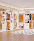 Heavy Duty Walk In Closet Organizing System With Solid Wood Drawers Adjustable Shelves Clear Room Fast Expandable Hanging Rods Easy Wall Mount Layout White with colorful outfits and drawers.