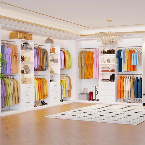 Heavy Duty Walk In Closet Organizing System With Solid Wood Drawers Adjustable Shelves Clear Room Fast Expandable Hanging Rods Easy Wall Mount Layout White with colorful outfits and drawers.