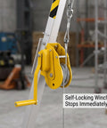 Built Like A Tank Heavy Duty Aluminum Confined Space Tripod Kit For Manhole Rescue With Manual Winch and Self Retracting Lifeline showing self-locking winch detail.