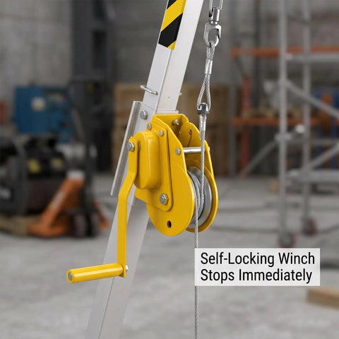 Built Like A Tank Heavy Duty Aluminum Confined Space Tripod Kit For Manhole Rescue With Manual Winch and Self Retracting Lifeline showing self-locking winch detail.