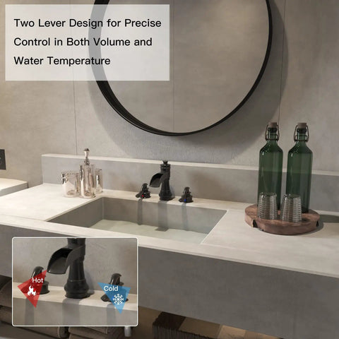 Modern bathroom with Waterfall Widespread Bathroom Faucet With Oil Rubbed Bronze Farmhouse Finish 8 Inch Spread Twin Handle 3 Hole Design Pop Up Drain Stopper Including Overflow And Supply Lines Vanity Lavatory Sink Parts For Easy Install, featuring dual levers for hot and cold water.