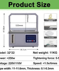Compact Semi-Automatic Strapping Machine For Tabletop Use In Supermarkets with dimensions and specifications displayed.