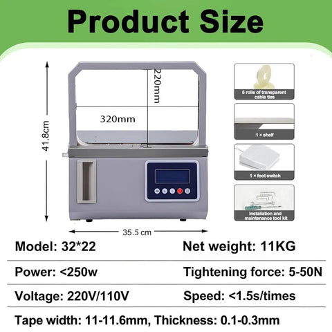 Compact Semi-Automatic Strapping Machine For Tabletop Use In Supermarkets with dimensions and specifications displayed.