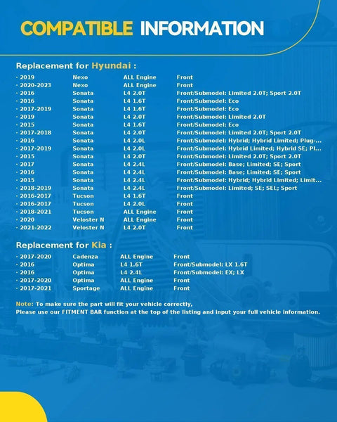 Compatibility chart for Hyundai and Kia vehicles for Front Wheel Hub Assembly 513374 Direct Fit Replacement.