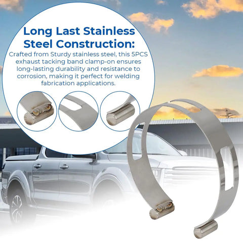 Stainless Steel Exhaust Pipe Tacking Band Set for Tig Welding Fabrication Clamp On Five Piece Kit shown outdoors on a vehicle