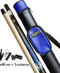 58 Inch Grade A Canadian Maple Pool Cue Featuring 13mm Tip And Adjustable Weight in a blue and black travel case with accessories.