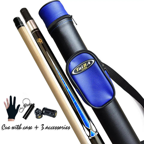 58 Inch Grade A Canadian Maple Pool Cue Featuring 13mm Tip And Adjustable Weight in a blue and black travel case with accessories.