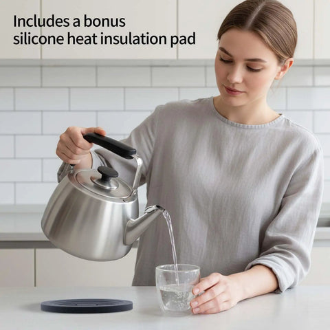 Person pouring from Whistling Stovetop Tea Kettle With Big Capacity And Fast Heat Technology Built With Thick Durable Body For All Cooktops Induction Compatible Professional Teapot For Quick Boil And Easy Pour