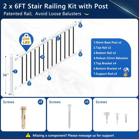 2 Pack Modular Aluminum Porch And Deck Railing Kit For Stairs 6 Ft Long By 3 Ft High DIY Friendly Easy Install AAMA 2604 Textured Powder Coat Finish Outdoor Steps Porches And Patios Black And White