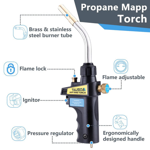 Workhorse Propane Mapp Gas Torch With Self Ignition And Brass Nozzle For Soldering, Brazing And Welding Copper Pipes On Map Pro Tank, Heavy Duty Tool For Quick Burns And Easy Flame Control