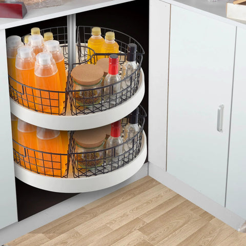 Two-pack metal Lazy Susan baskets installed in white circular corner cabinet turntable; black wire, 9x6.2x4 in