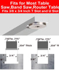 Front view of GOINGMAKE compact table saw miter gauge with 360mm fence, flip stop, and positive angle stops; silver metal body