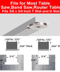 Heavy Table Saw Miter Gauge With Micro Adjust Flip Stop And Extensible Aluminum Fence From 18 To 32 Inches showing T Slot dimensions and fit details.
