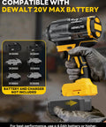 Brushless Cordless Impact Wrench Generating 1500 Nm Beast Mode Torque With An Integrated Work Light being held with DEWALT battery.