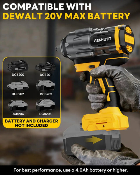 Brushless Cordless Impact Wrench Generating 1500 Nm Beast Mode Torque With An Integrated Work Light being held with DEWALT battery.