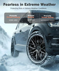 Heavy Duty Lug Nut Covers Complete 24 Pack With Removal Tool Gray Protect Wheel Bolts From Sun Salt And Rust Easy Clip On Fit For Audi A1 A3 A4 A5 A6 A7 A8 Q2 Q3 Q5 Q7 S5 TT shown on snow-covered Audi wheels in winter conditions.
