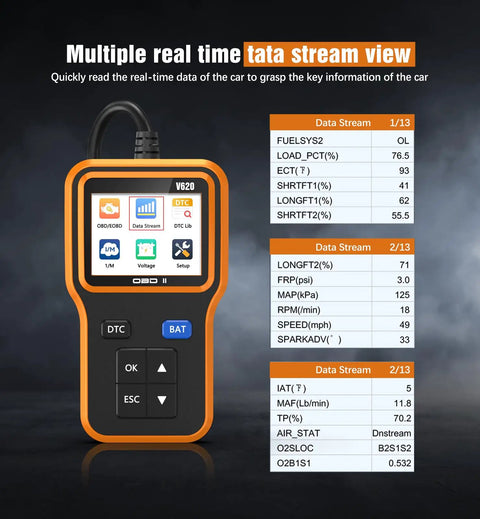 OBD2 Scanner With Upgrade Battery Tester, Diagnostic Tool For Cars, showing data stream for engine diagnostics.