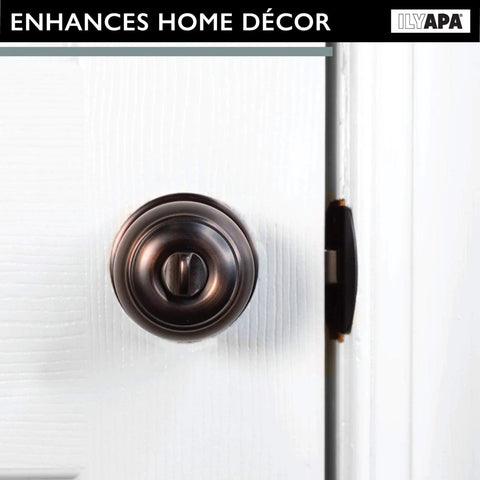 Privacy Door Knobs For Bedroom And Bathroom Ball Style Oil Rubbed Bronze With Keyless Turn Thumb Lock close-up on white door