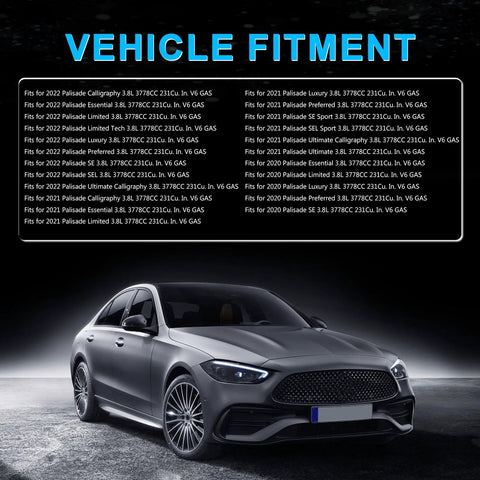 Dark gray sedan parked in front of vehicle fitment chart for Hyundai Palisade models.