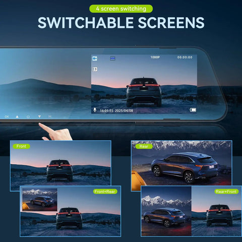 Switchable screens on 4.5 Inch Mirror Dash Cam With Front And Rear Cameras 1080P display showing various camera views.