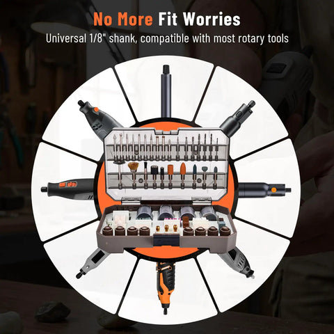 321 Piece Rotary Tool Bits Set For Compatibility With A Wide Range Of Projects Including Grinding Sanding Carving Polishing And Cutting Includes Three Universal Collets For Quick Bit Changes displayed in an open case