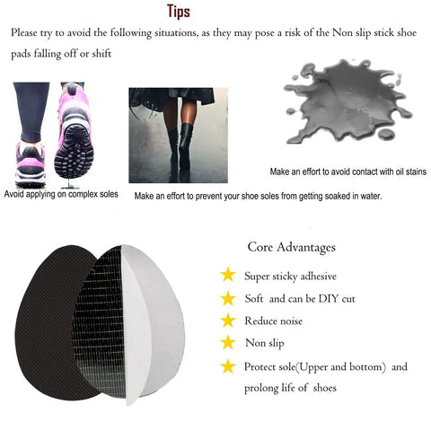 Non Slip Silicone Gel Shoe Pads And Adhesive Sole Protectors For High Heels No Slip Grips In Black 4 Pairs, tips and features displayed