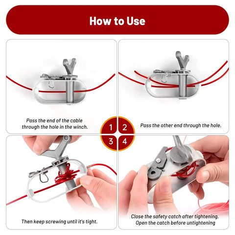 Installation guide for 150 Feet Pool Cover Cable And Winch Kit with Plastic Coated Steel Wire, showing step-by-step tensioning instructions.