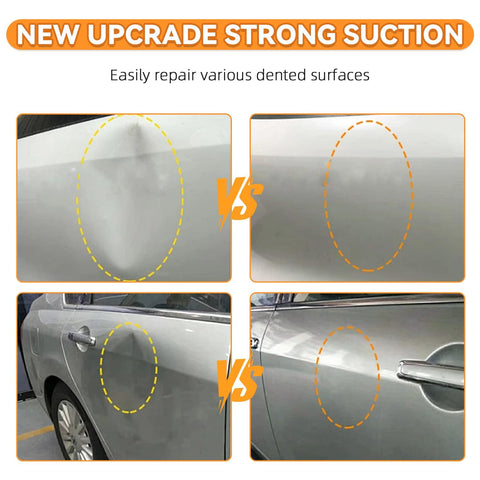 Before and after images using 2026 Upgraded Car Dent Repair Kit 3 Pack With Beefed-Up Dent Puller And Suction Cup Tools Paintless Car Dent Remover Set For Body Dents Includes Large And Small Pullers Built Tough With Rubber And Metal Build Orange showing dent removal on car doors.