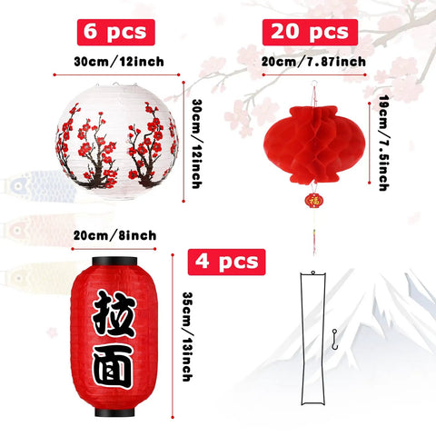 40 Piece Japanese Chinese Paper Lantern Decor Set With LED Lights For Indoor And Outdoor Use featuring sushi, ramen, cherry blossom, red lanterns.