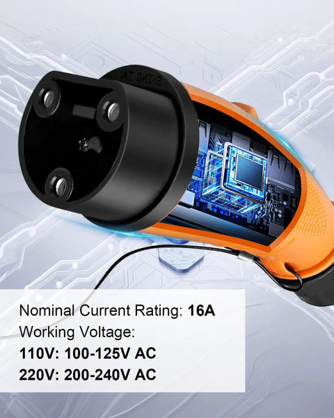 Close-up of the plug end of the 10Ft Heavy Duty EV Charging Cable Built Tough For Golf Carts And Electric Vehicles Featuring Premium Copper Wiring IP54 Waterproof Cord.
