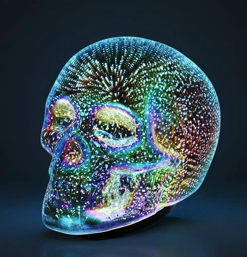 LED Skull Table Lamp With Gothic Glow Battery Powered Three AAA Batteries Needed, featuring multicolored light display.