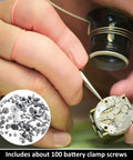 Watchmaker using 100 Piece Micro Watch Screw Kit With Copper Battery Clamp Screws Replacement Set For Repair And Watchmaking.