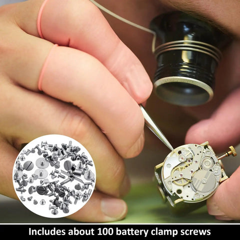 Watchmaker using 100 Piece Micro Watch Screw Kit With Copper Battery Clamp Screws Replacement Set For Repair And Watchmaking.
