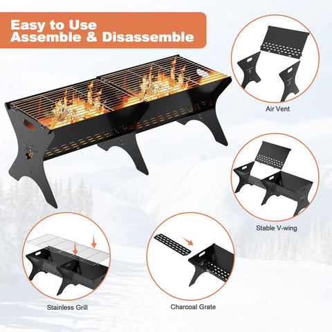 Image of Two Pack Portable Folding Charcoal Grill Set For Camping And Backyard Barbecues with features like air vent and V-wing.