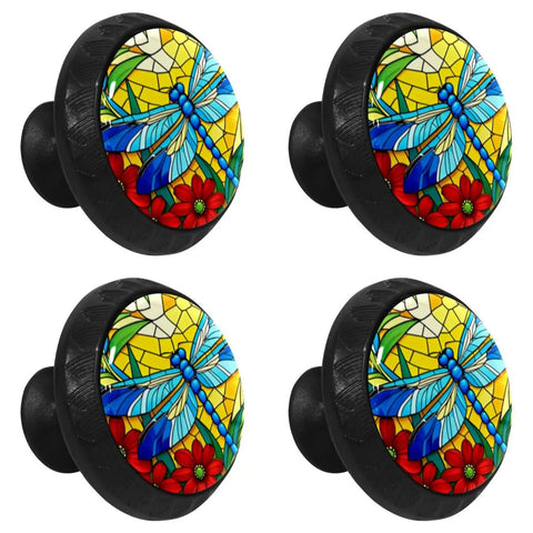 Glass Crystal Cabinet Knobs And Pulls 4 Pack, 35mm Round Drawer Knobs with dragonfly design for kitchen, bathroom, bedroom hardware