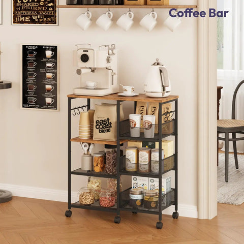 Rolling Kitchen Island Cart On Wheels With Four Tier Shelves And Storage Baskets, Six Removable Hooks, Locking Casters, Espresso Finish
