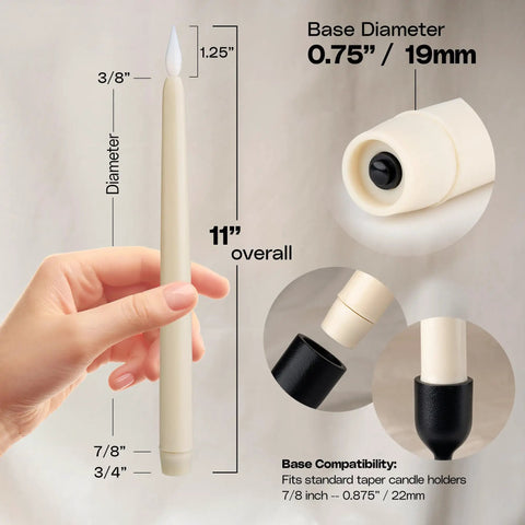 Detailed view of 11-inch ivory flameless LED taper candle dimensions and base, showing compatibility and battery compartment.