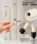 24 Pack 11 Inch LED Flameless Ivory Taper Candles With Flicker Battery Operated showing base and size dimensions.