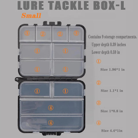 Open view of Lure Tackle Box-L showing small compartments for fishing gear storage, ideal for organizing pins, hooks, and lures.