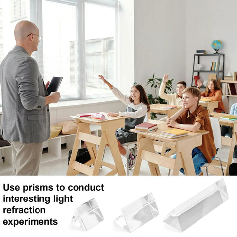 Teacher in classroom with students using Equilateral Crystal Prism Set in 1 Inch 2 Inch and 4 Inch Sizes for Physics Teaching