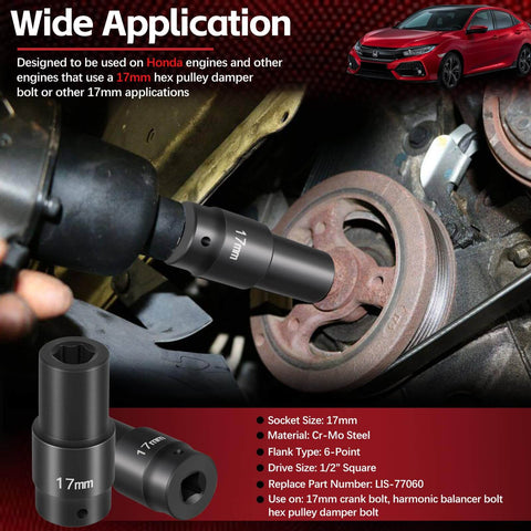 17mm Harmonic Balancer Socket For Half Inch Drive in use on Honda engine pulley, high torque impact tool, heat treated alloy steel