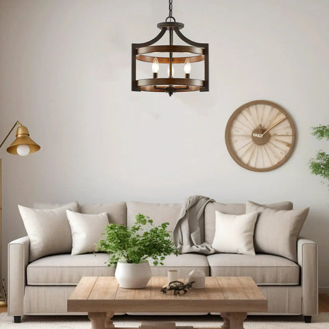 Woodrow 15 Inch Industrial Farmhouse Pendant Light With Convertible Semi Flush Mount in living room setting.