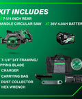 36V Cordless Circular Saw With Battery Pack Lightweight Rear Handle Design 7-1/4 Inch Blade Kit Includes Battery Pack